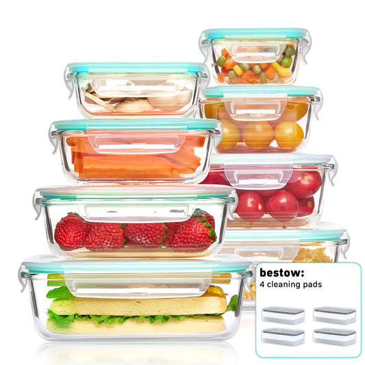 16pcs Airtight Glass Food Storage Containers, Outdoor Picnic, Lunch Box, Microwave, Oven - Perfect for Salads, Fruits, Vegetables And Sandwiches, Airtight Storage, Food Storage Containers (8 Lids + 8 Containers), Comes with Cleaning Pads