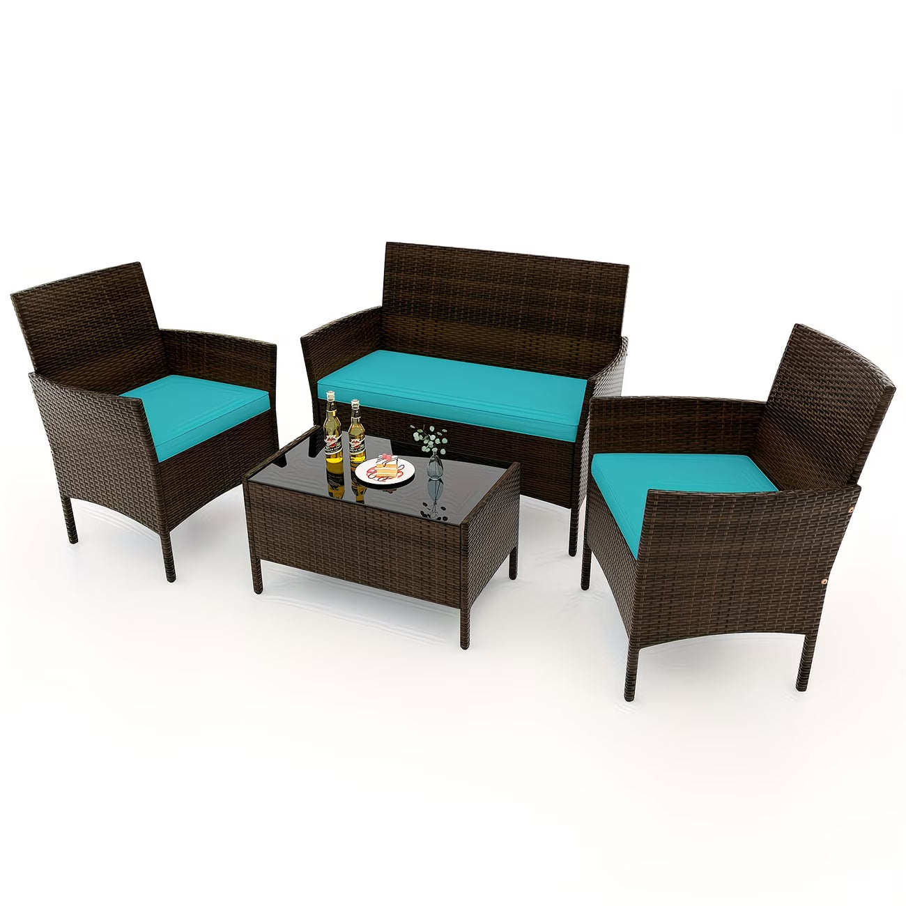 4pcs Patio Furniture Set W/Washable Cushions And Tempered Glass Coffee Table