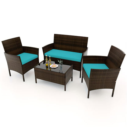 4pcs Patio Furniture Set W/Washable Cushions And Tempered Glass Coffee Table