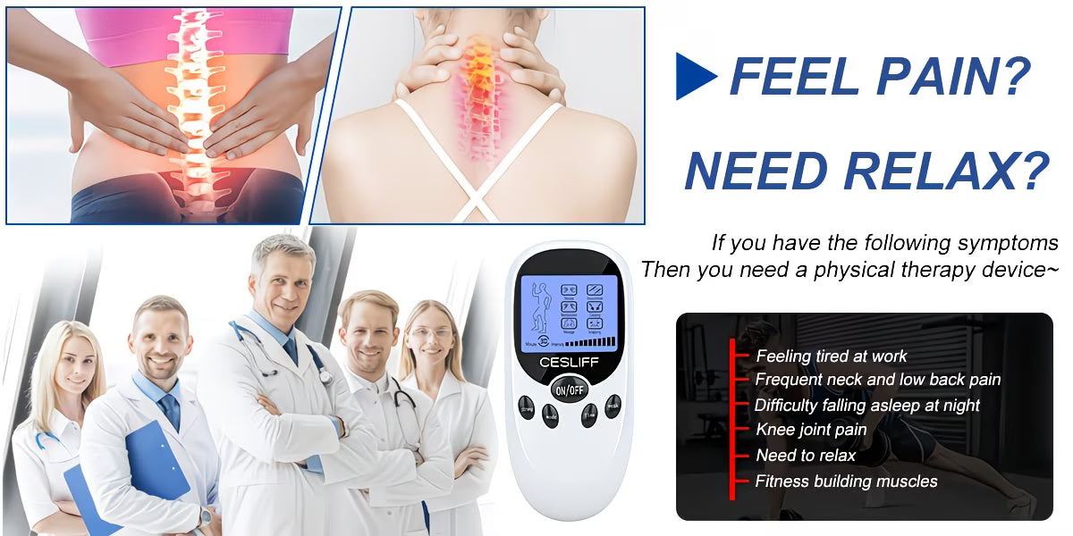 TENS + EMS Dual Channel Muscle Relief Pulse Massager Featuring 8 Electrodes for Alleviating Pain in The Shoulders, Back, And Knees, Aiding in Muscle Recovery from Injuries, Designed for Portability, And an Ideal Gift for Loved Ones!