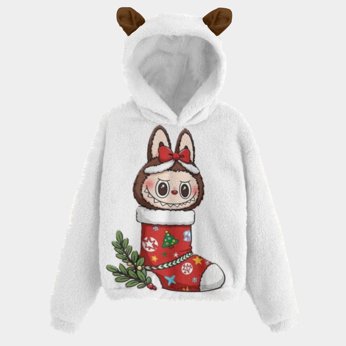 🐻✨Labubu Christmas Bear-Ears Hoodie – Ultra-Soft Borg Fleece