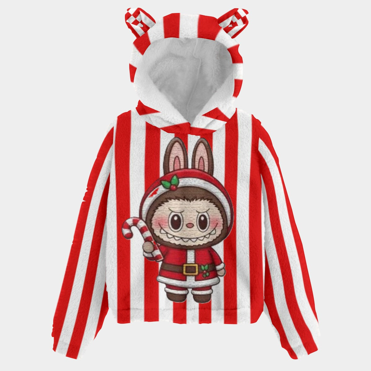 BOGO SALE! 🐻✨ Labubu Christmas Bear-Ears Hoodie – Ultra-Soft Borg Fleece BOGO Special!  Labubu Candy Cane ELF Candy Cane Hoodie W/Ears