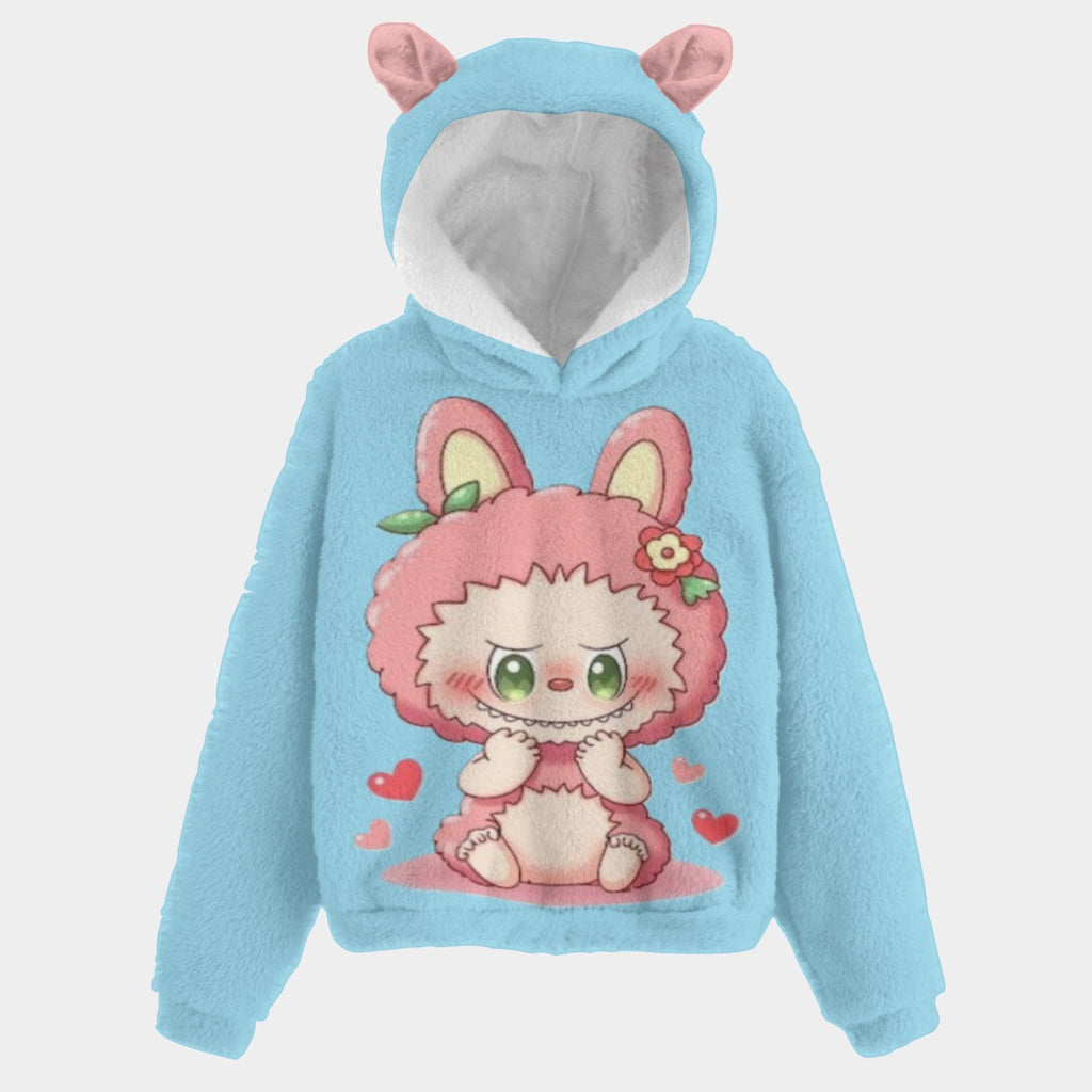 Light blue hoodie with cartoon character on a light gray background