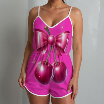 WOMANS ONE PIECE SHORTS ROMPER - CHERRIES