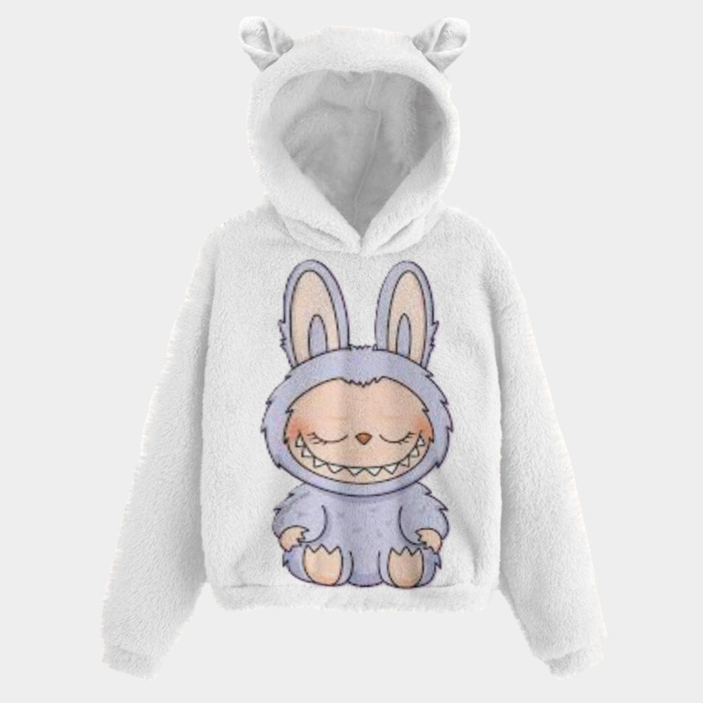 🧸 Labubu SnugglePop™ Hoodie – Cute, Cozy & Ear-Resistible Labubu White Hoodie Light Purple Sitting