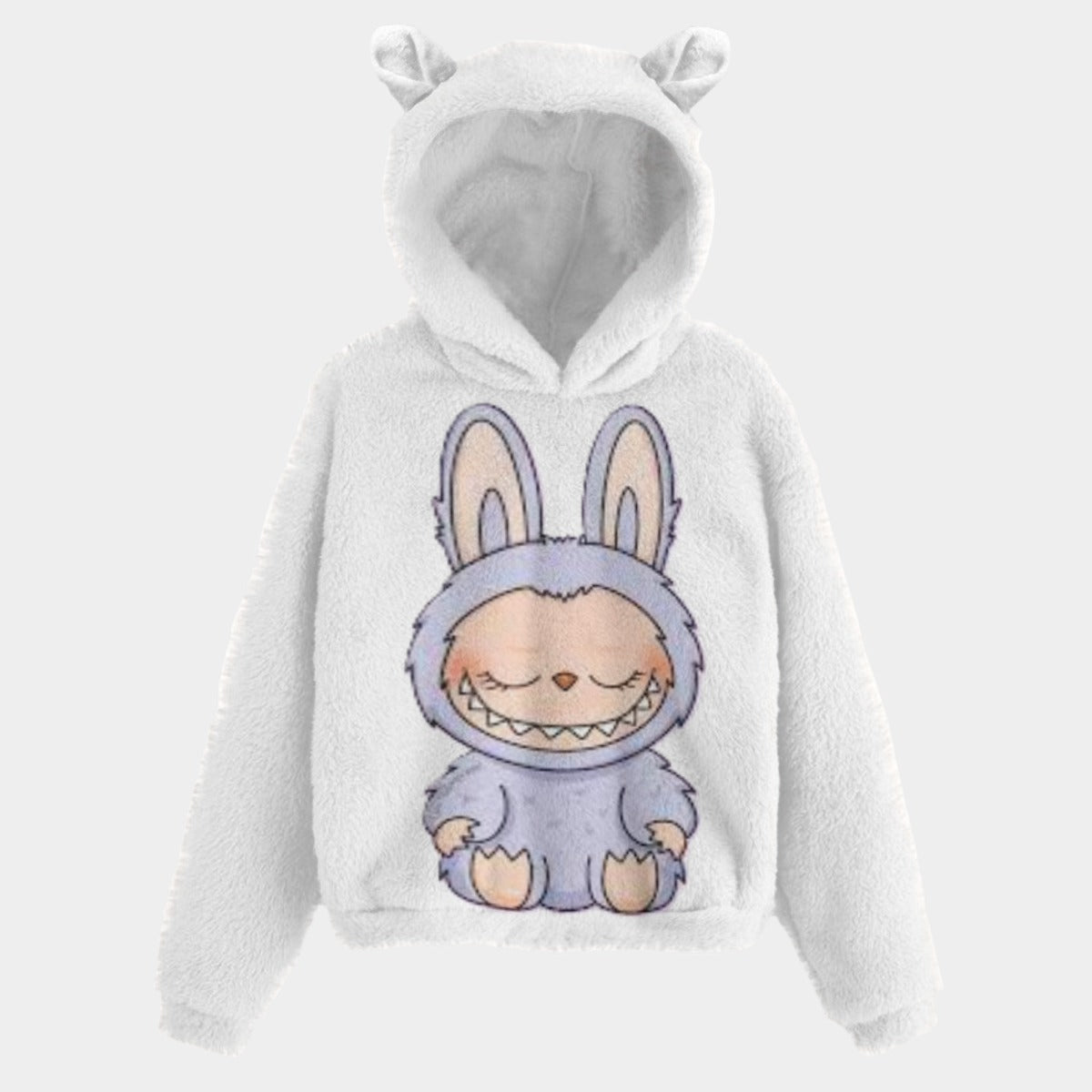 🧸 Labubu SnugglePop™ Hoodie – Cute, Cozy & Ear-Resistible Labubu White Hoodie Light Purple Sitting