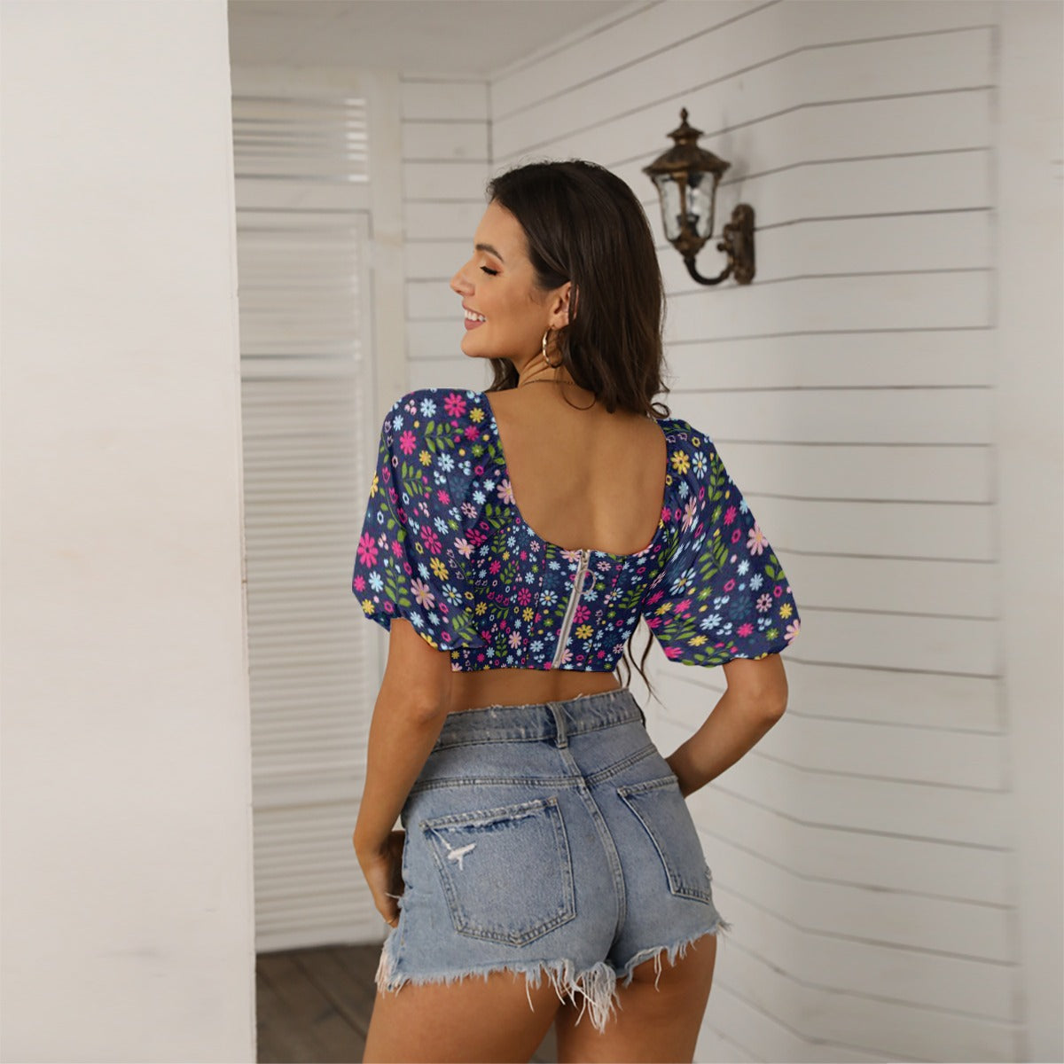 Floral Women's Square Collar Cropped Top With Puff Sleeve