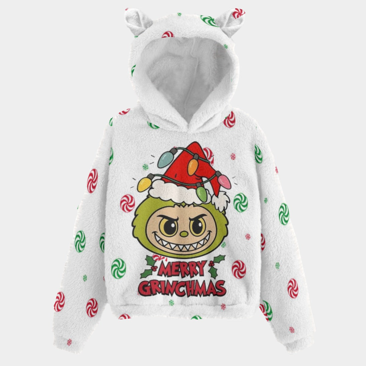 🐻✨Labubu Grinchmas Christmas Bear-Ears Hoodie – Ultra-Soft Borg Fleece