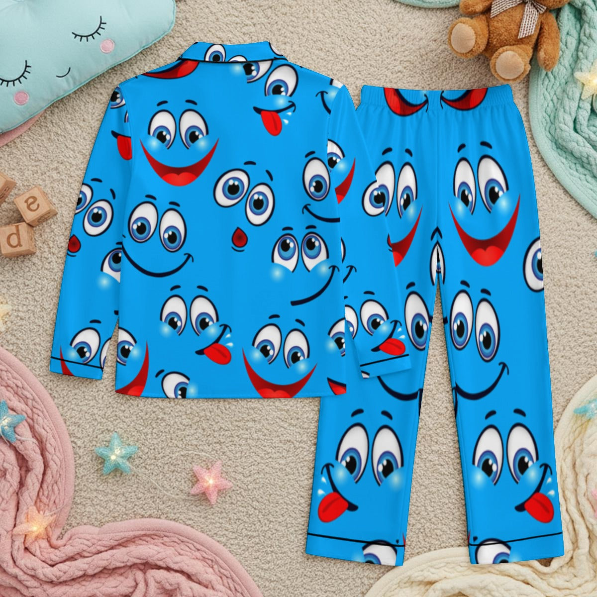 Kid's Cute Smiley Satin PJs - Children's Satin Pajama Set With Long Sleeve