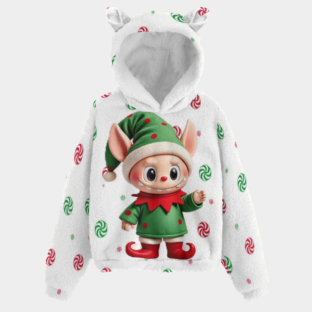 BOGO SALE! 🐻✨ Labubu Christmas Bear-Ears Hoodie – Ultra-Soft Borg Fleece BOGO Special! Santa Lil ELF Multi Color Peppermints Hoodie W/Ears