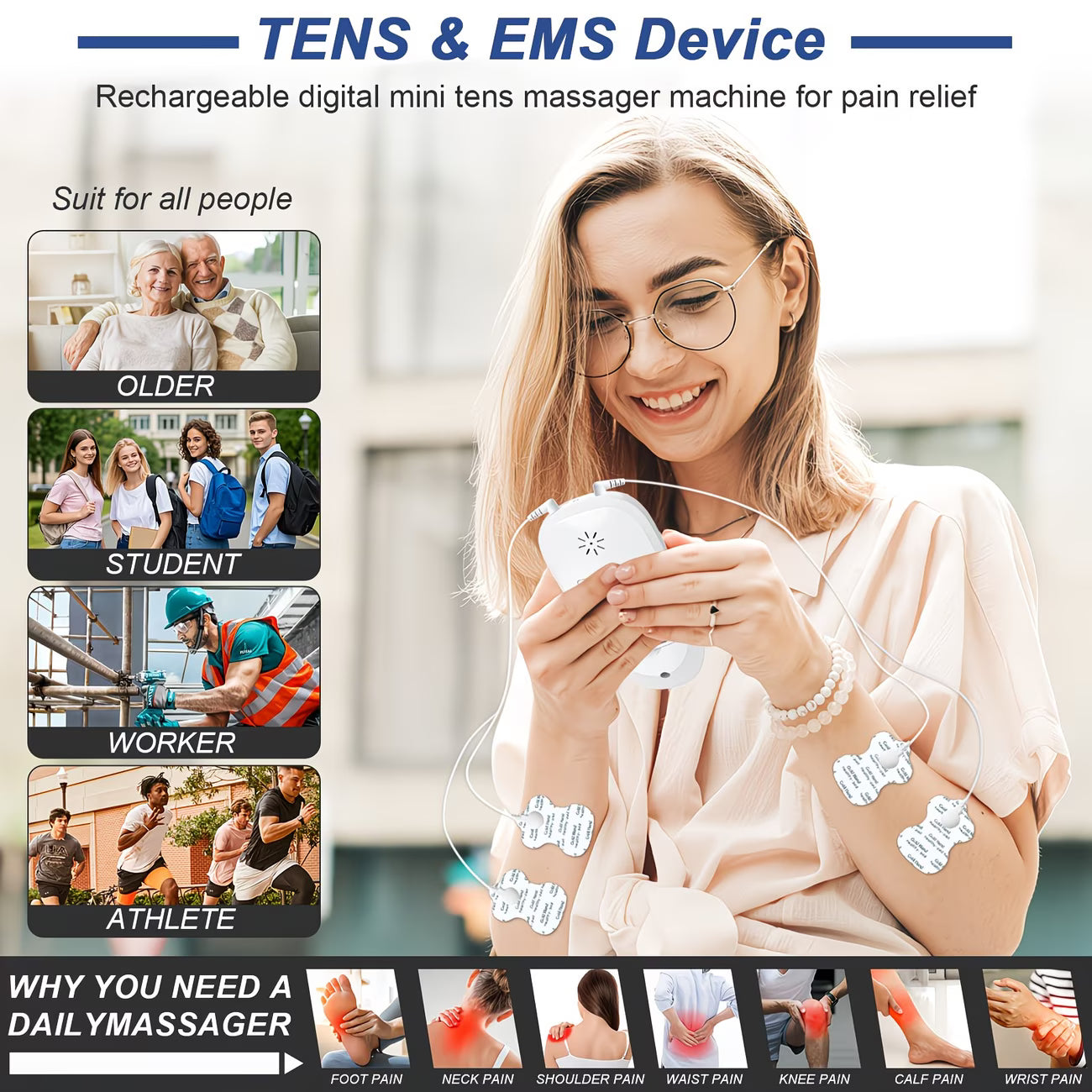 TENS + EMS Dual Channel Muscle Relief Pulse Massager Featuring 8 Electrodes for Alleviating Pain in The Shoulders, Back, And Knees, Aiding in Muscle Recovery from Injuries, Designed for Portability, And an Ideal Gift for Loved Ones!