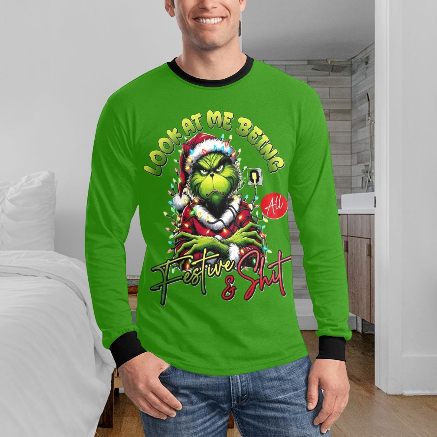 🎄“Resting Grinch Face” Long Sleeve Tee – Men’s Christmas Mischief Shirt - MENS CHRISTMAS SHIRTS  - Men's Long Sleeve T-shirt (GRINCH CHRISTMAS SHIRTS)