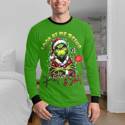 🎄“Resting Grinch Face” Long Sleeve Tee – Men’s Christmas Mischief Shirt - MENS CHRISTMAS SHIRTS  - Men's Long Sleeve T-shirt (GRINCH CHRISTMAS SHIRTS)