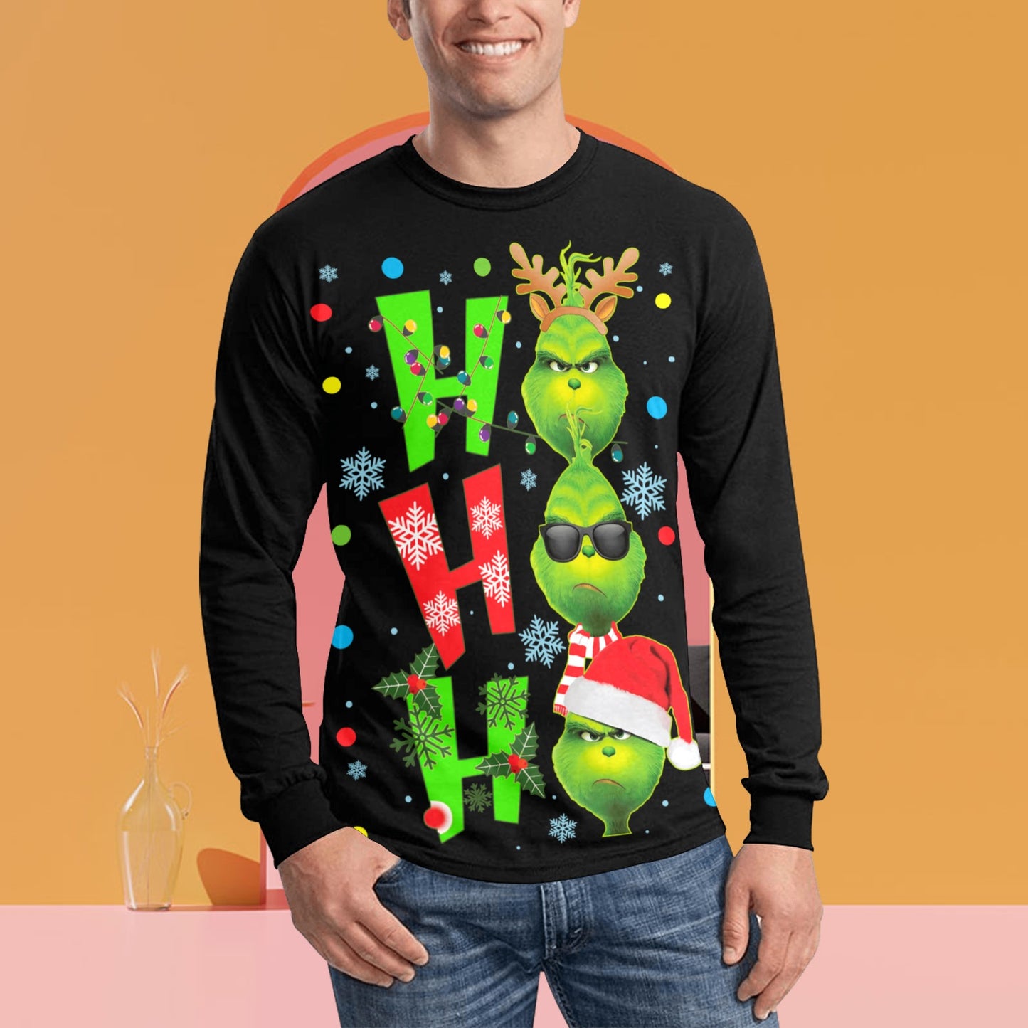 🎄“Resting Grinch Face” Long Sleeve Tee – Men’s Christmas Mischief Shirt - MENS CHRISTMAS SHIRTS  - Men's Long Sleeve T-shirt (GRINCH CHRISTMAS SHIRTS)