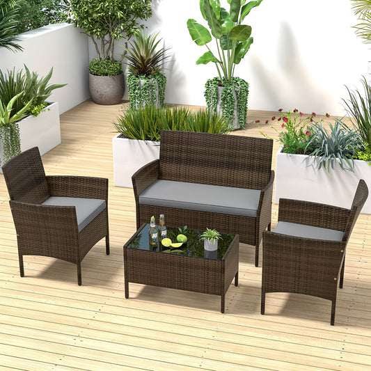4pcs Patio Furniture Set W/Washable Cushions And Tempered Glass Coffee Table