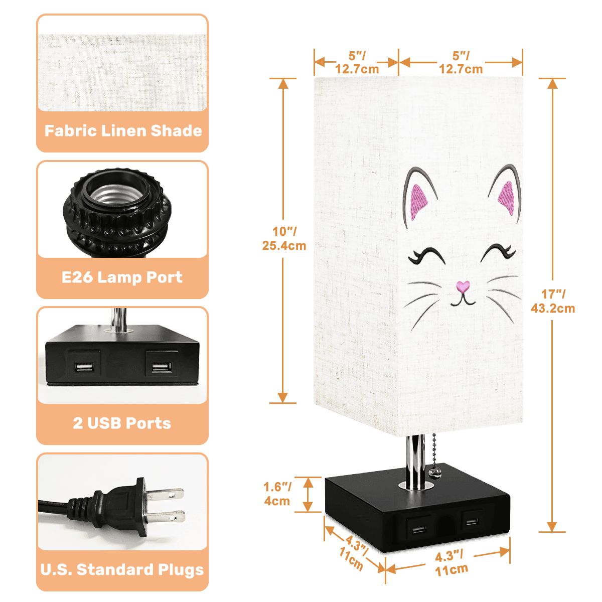 Square Cat Table Lamp with USB Port