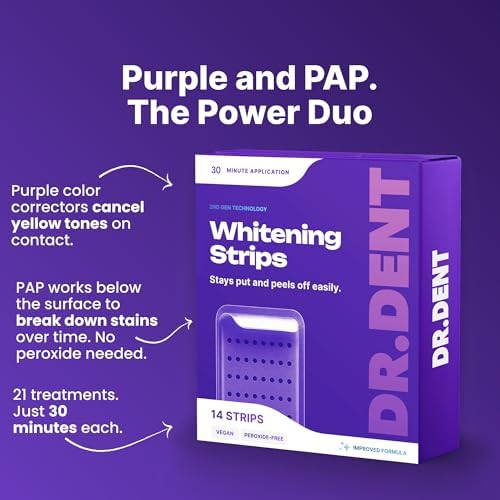 DRDENT Purple Teeth Whitening Strips 21 Treatments - Safe for Enamel - Non Sensitive Teeth Whitening - Whitening Without Any Harm - Pack of 42 Strips + Mouth Opener Included