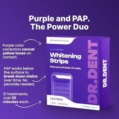 DRDENT Purple Teeth Whitening Strips 21 Treatments - Safe for Enamel - Non Sensitive Teeth Whitening - Whitening Without Any Harm - Pack of 42 Strips + Mouth Opener Included