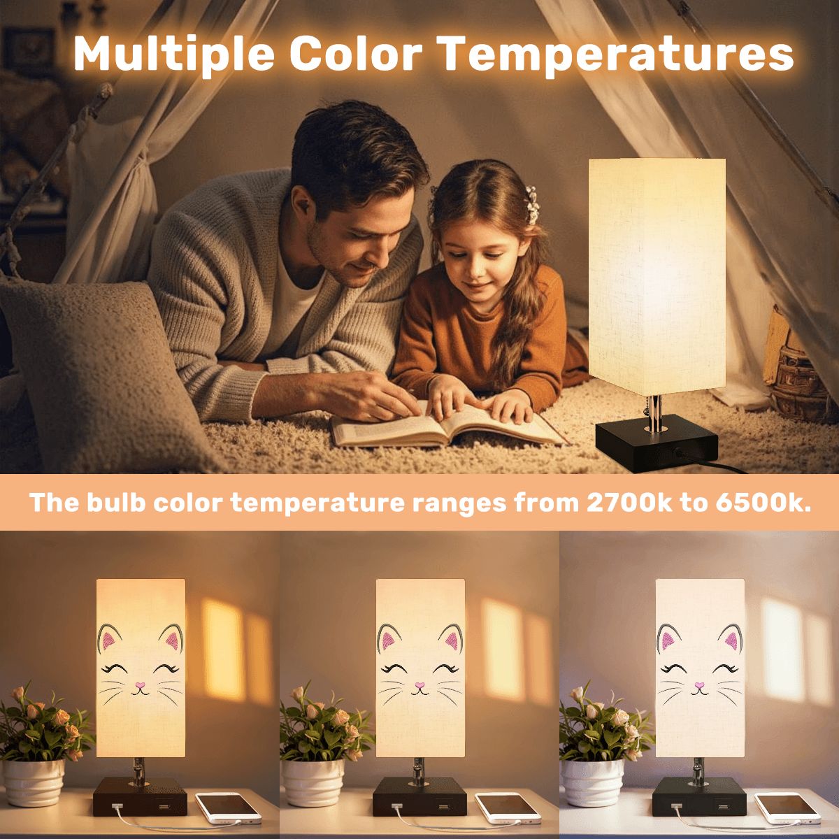 Square Cat Table Lamp with USB Port