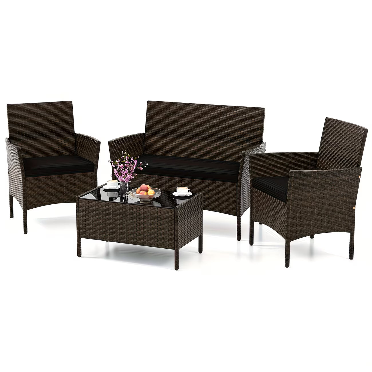 4pcs Patio Furniture Set W/Washable Cushions And Tempered Glass Coffee Table