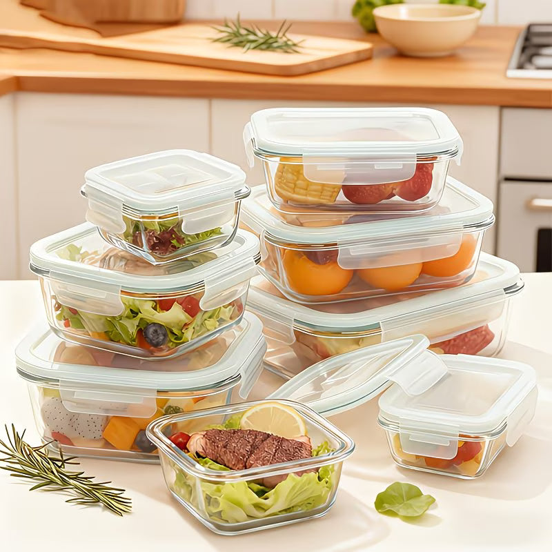 16pcs Airtight Glass Food Storage Containers, Outdoor Picnic, Lunch Box, Microwave, Oven - Perfect for Salads, Fruits, Vegetables And Sandwiches, Airtight Storage, Food Storage Containers (8 Lids + 8 Containers), Comes with Cleaning Pads