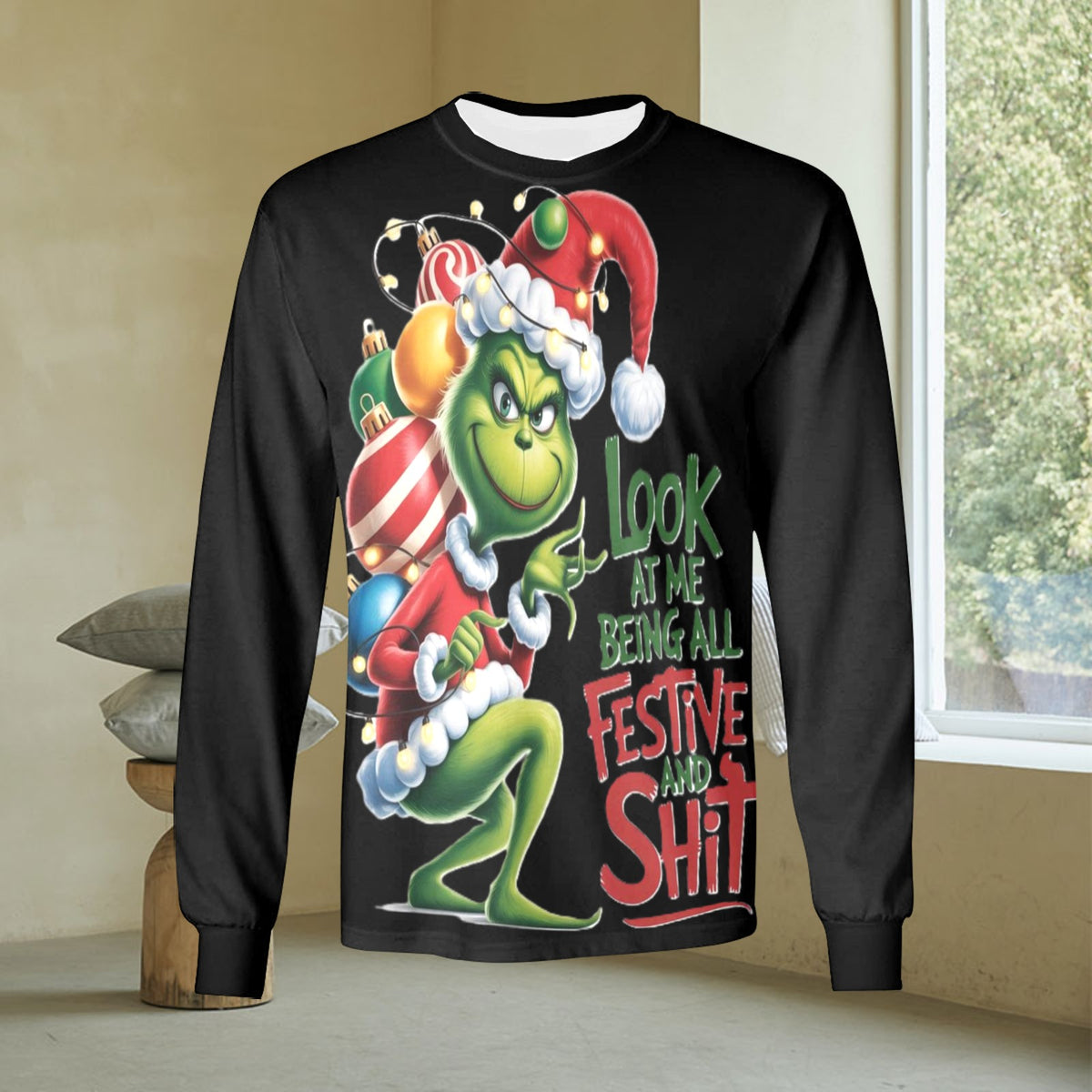 🎄“Resting Grinch Face” Long Sleeve Tee – Men’s Christmas Mischief Shirt - MENS CHRISTMAS SHIRTS  - Men's Long Sleeve T-shirt (GRINCH CHRISTMAS SHIRTS)