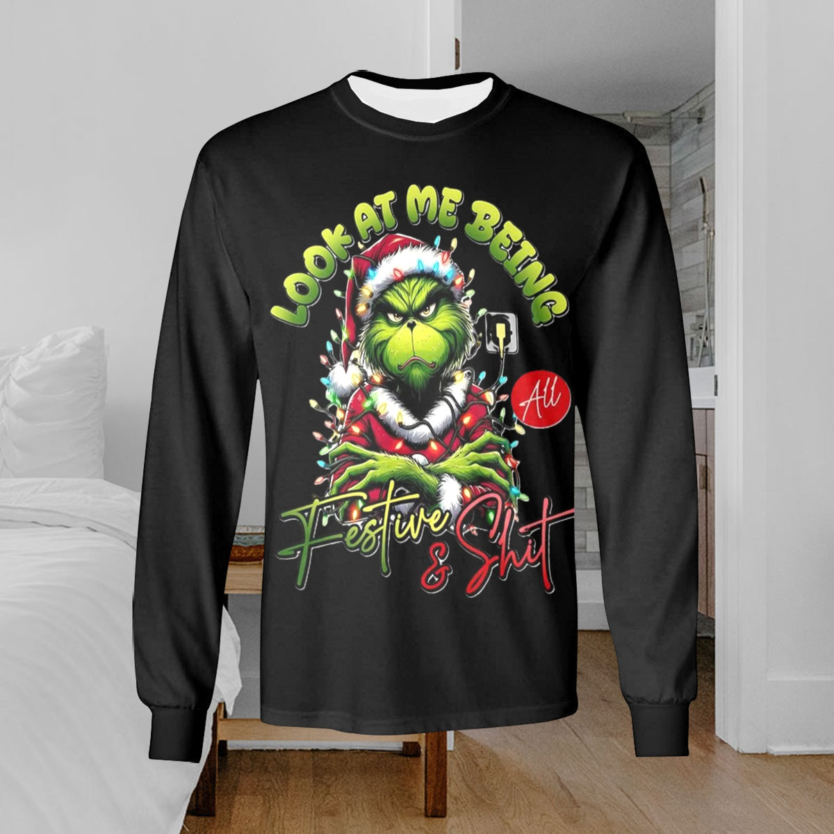 🎄“Resting Grinch Face” Long Sleeve Tee – Men’s Christmas Mischief Shirt - MENS CHRISTMAS SHIRTS  - Men's Long Sleeve T-shirt (GRINCH CHRISTMAS SHIRTS)