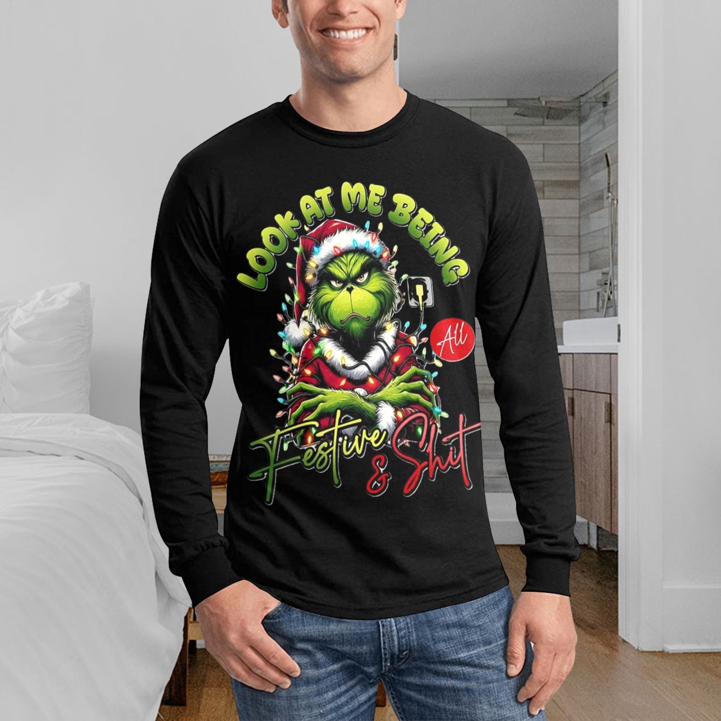🎄“Resting Grinch Face” Long Sleeve Tee – Men’s Christmas Mischief Shirt - MENS CHRISTMAS SHIRTS  - Men's Long Sleeve T-shirt (GRINCH CHRISTMAS SHIRTS)