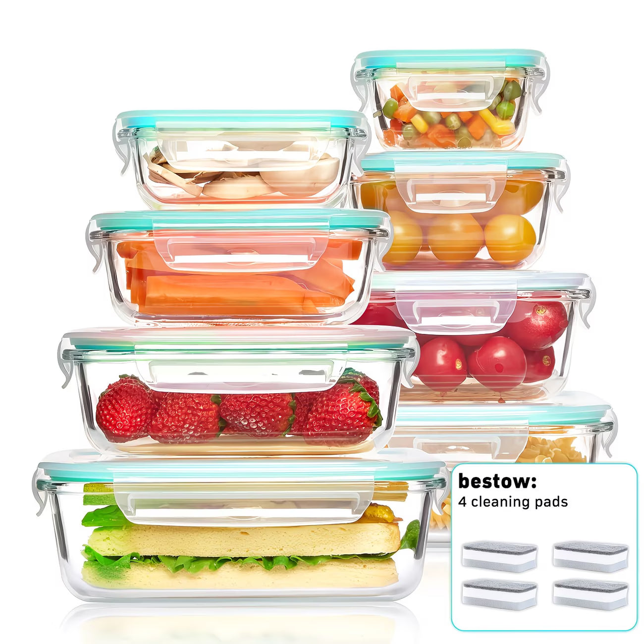 16pcs Airtight Glass Food Storage Containers, Outdoor Picnic, Lunch Box, Microwave, Oven - Perfect for Salads, Fruits, Vegetables And Sandwiches, Airtight Storage, Food Storage Containers (8 Lids + 8 Containers), Comes with Cleaning Pads