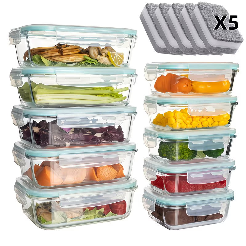 16pcs Airtight Glass Food Storage Containers, Outdoor Picnic, Lunch Box, Microwave, Oven - Perfect for Salads, Fruits, Vegetables And Sandwiches, Airtight Storage, Food Storage Containers (8 Lids + 8 Containers), Comes with Cleaning Pads