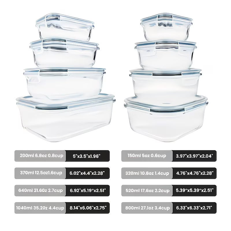 16pcs Airtight Glass Food Storage Containers, Outdoor Picnic, Lunch Box, Microwave, Oven - Perfect for Salads, Fruits, Vegetables And Sandwiches, Airtight Storage, Food Storage Containers (8 Lids + 8 Containers), Comes with Cleaning Pads