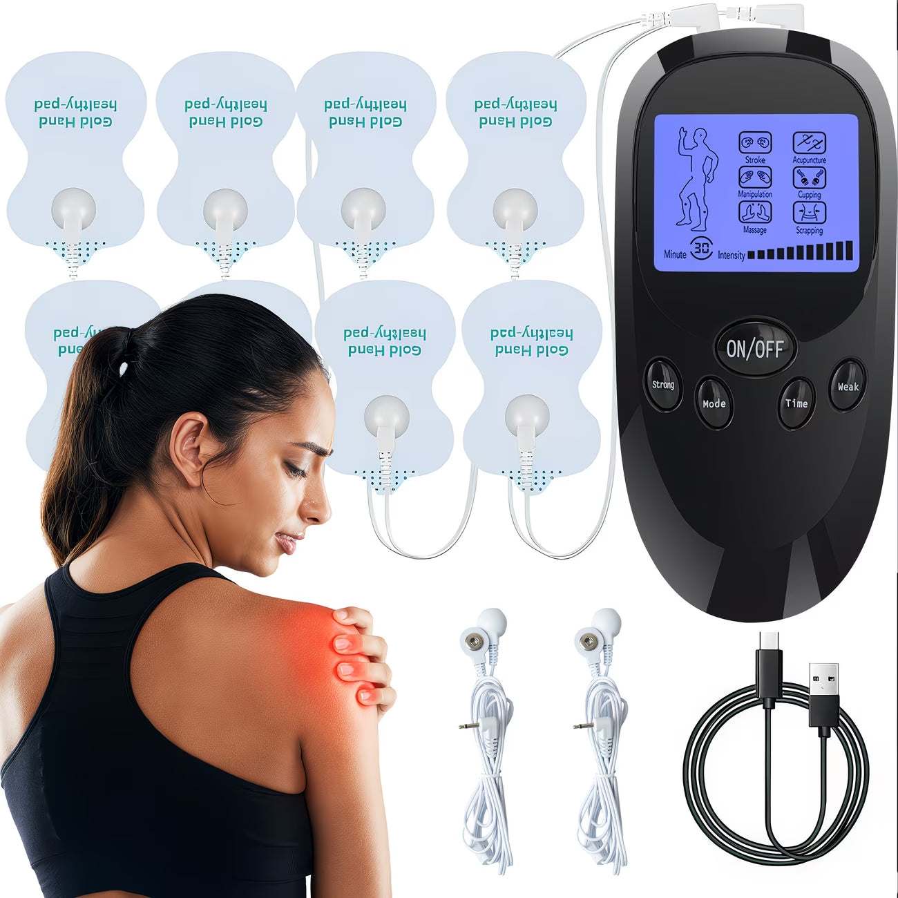 TENS + EMS Dual Channel Muscle Relief Pulse Massager Featuring 8 Electrodes for Alleviating Pain in The Shoulders, Back, And Knees, Aiding in Muscle Recovery from Injuries, Designed for Portability, And an Ideal Gift for Loved Ones!