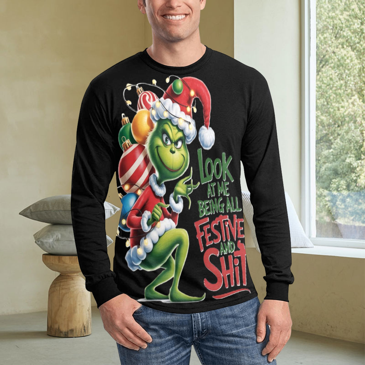 🎄“Resting Grinch Face” Long Sleeve Tee – Men’s Christmas Mischief Shirt - MENS CHRISTMAS SHIRTS  - Men's Long Sleeve T-shirt (GRINCH CHRISTMAS SHIRTS)