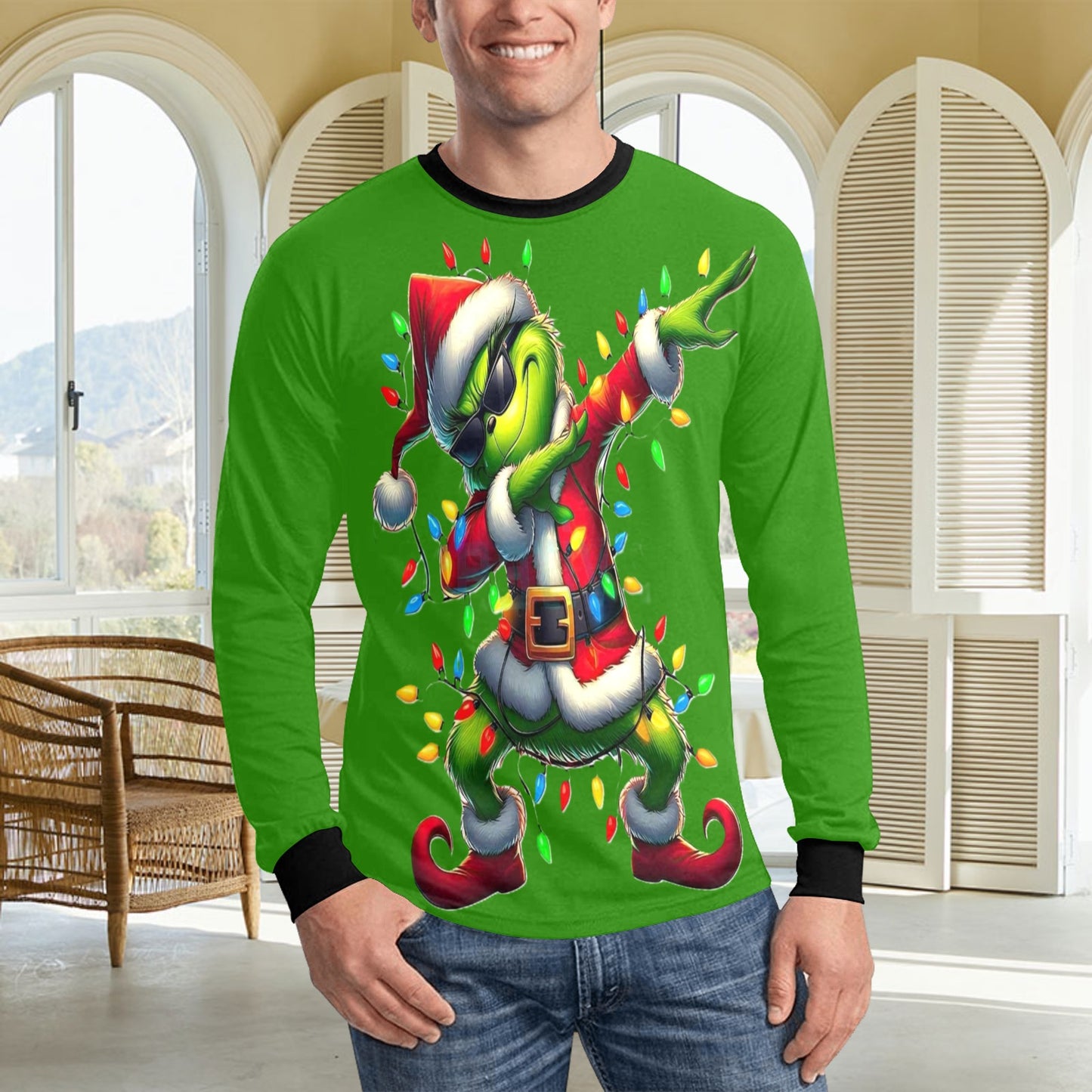 🎄“Resting Grinch Face” Long Sleeve Tee – Men’s Christmas Mischief Shirt - MENS CHRISTMAS SHIRTS  - Men's Long Sleeve T-shirt (GRINCH CHRISTMAS SHIRTS)