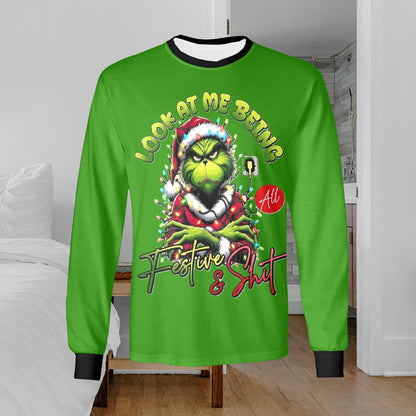 🎄“Resting Grinch Face” Long Sleeve Tee – Men’s Christmas Mischief Shirt - MENS CHRISTMAS SHIRTS  - Men's Long Sleeve T-shirt (GRINCH CHRISTMAS SHIRTS)