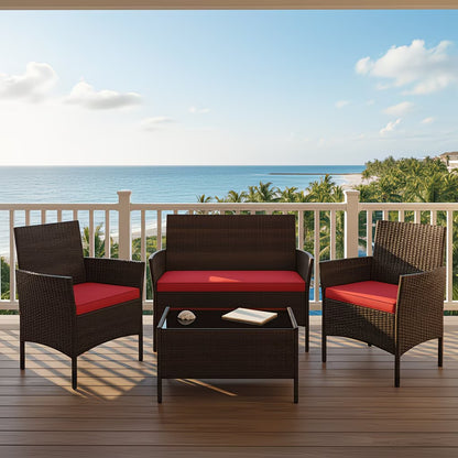 4pcs Patio Furniture Set W/Washable Cushions And Tempered Glass Coffee Table