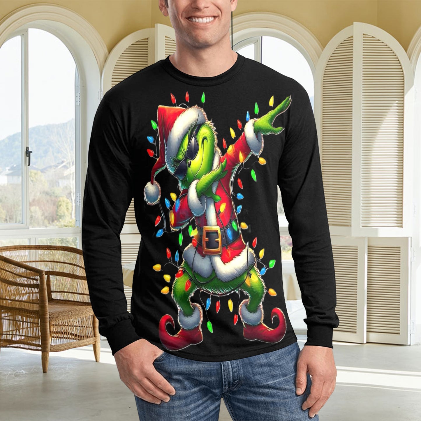🎄“Resting Grinch Face” Long Sleeve Tee – Men’s Christmas Mischief Shirt - MENS CHRISTMAS SHIRTS  - Men's Long Sleeve T-shirt (GRINCH CHRISTMAS SHIRTS)