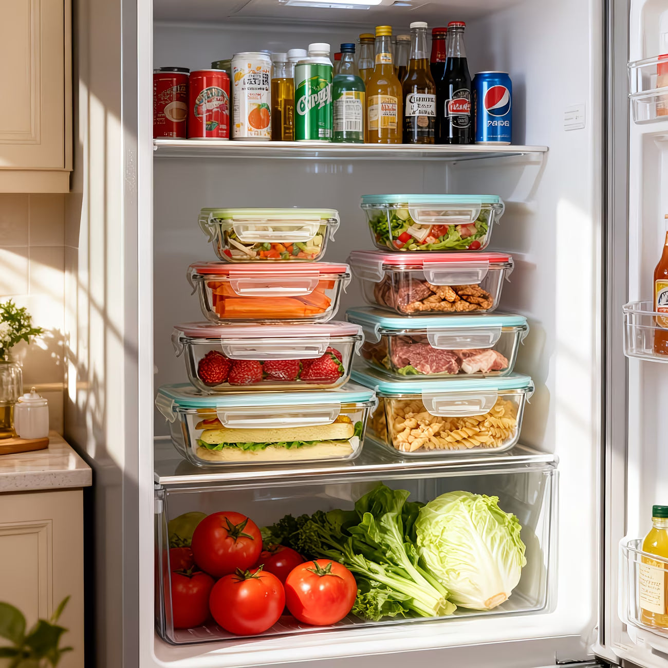 16pcs Airtight Glass Food Storage Containers, Outdoor Picnic, Lunch Box, Microwave, Oven - Perfect for Salads, Fruits, Vegetables And Sandwiches, Airtight Storage, Food Storage Containers (8 Lids + 8 Containers), Comes with Cleaning Pads