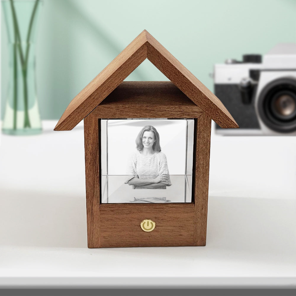 Custom wooden house night light with 3D crystal photo, personalized engraving, and warm light